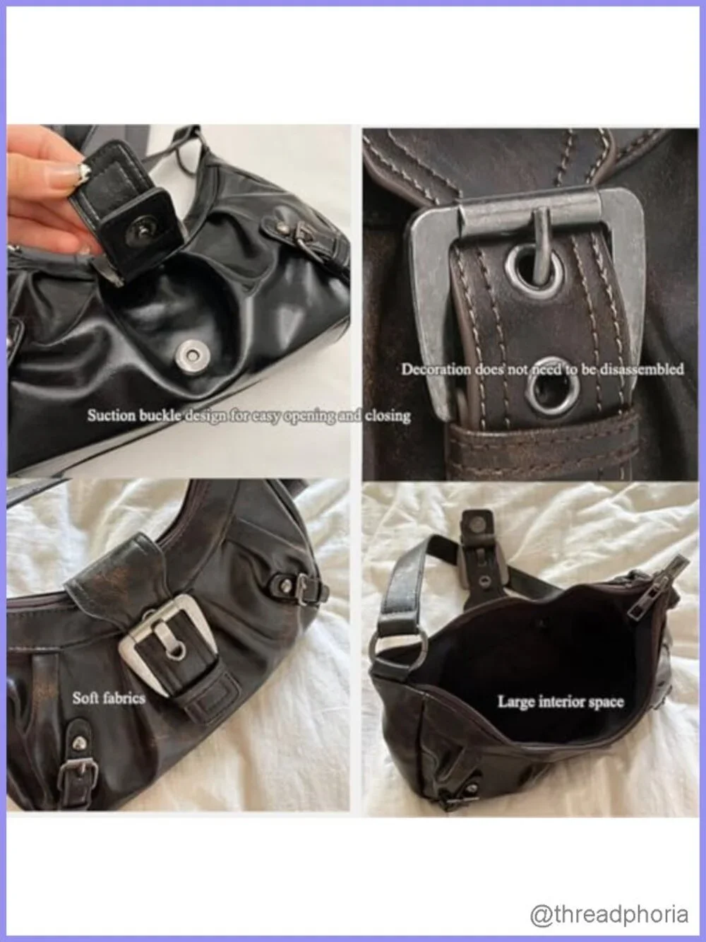 Y2K Faux Leather Hobo Shoulder Bag with Buckle Details Trendy Punk Purse